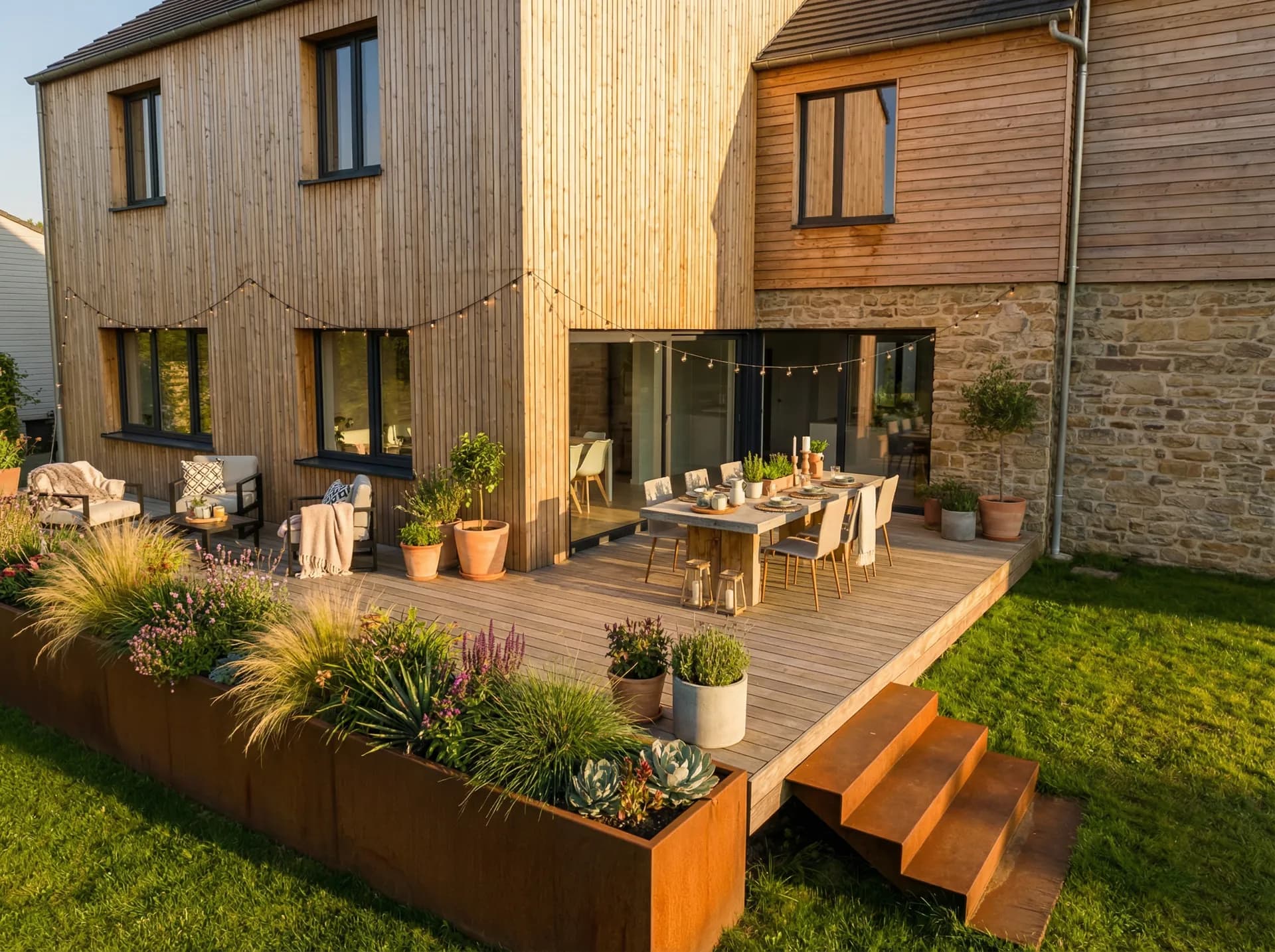 Maison bardage bois et pierre avec terrasse aménagée - PBN-Renov