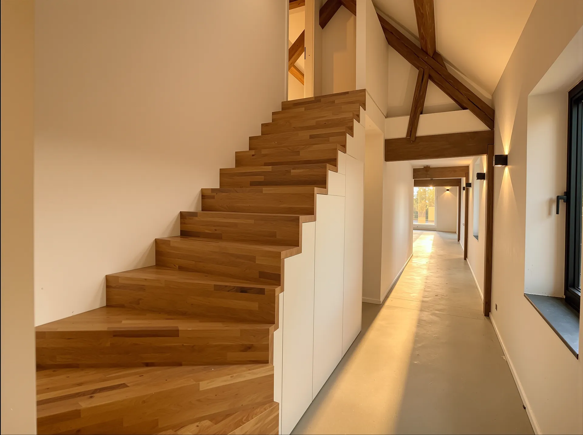 Escalier en chêne et couloir béton ciré sous charpente bois