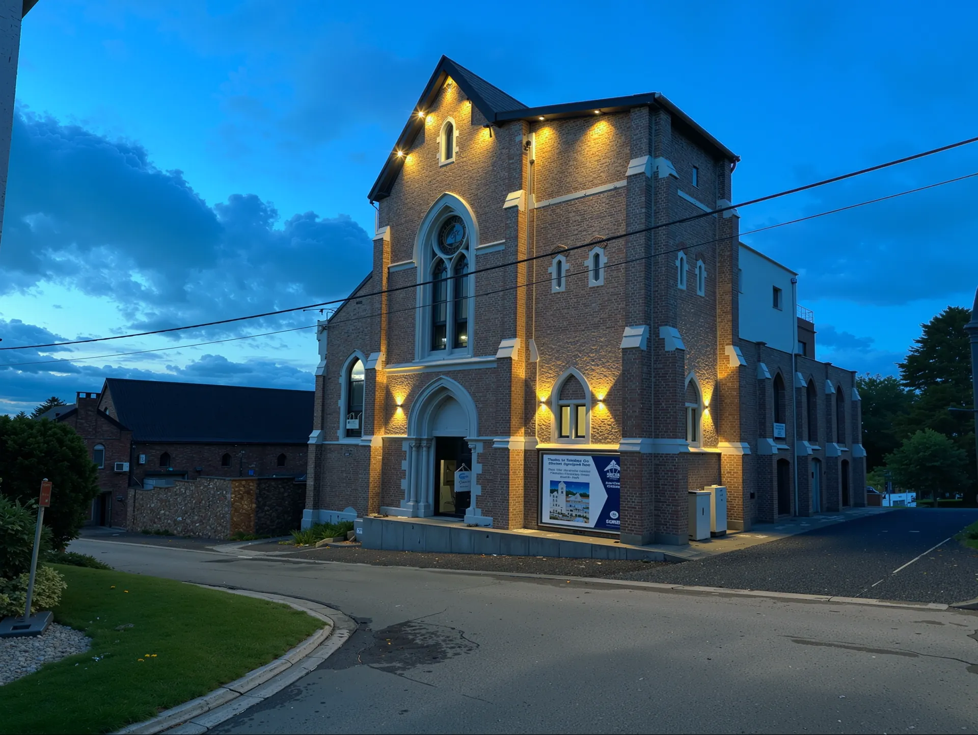 Façade de l'église à la nuit tombée avec éclairage chaud