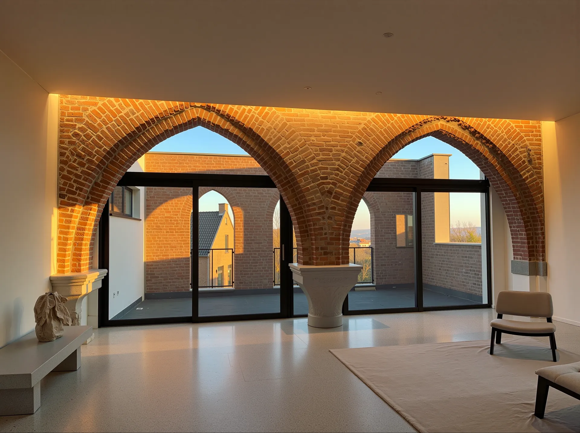 Salon sous arcades en briques d'origine avec éclairage doré le soir